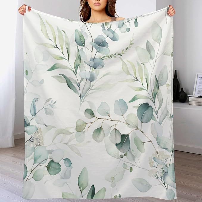 Eucalyptus Leaf Throw Blanket, Watercolor Floral Spring Botanical Green Plants - Image 8