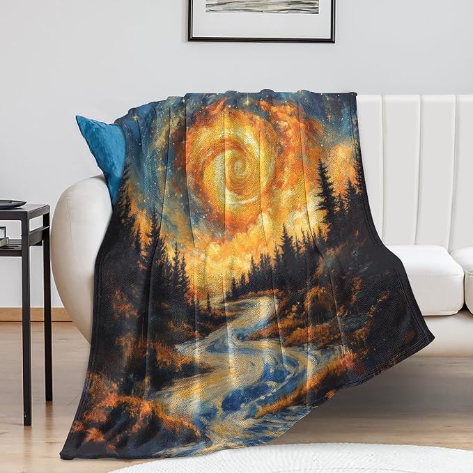 Magic Forest Blanket, Abstract Art Oil Painting Dreamworld River Jungle Sunset by Unknown