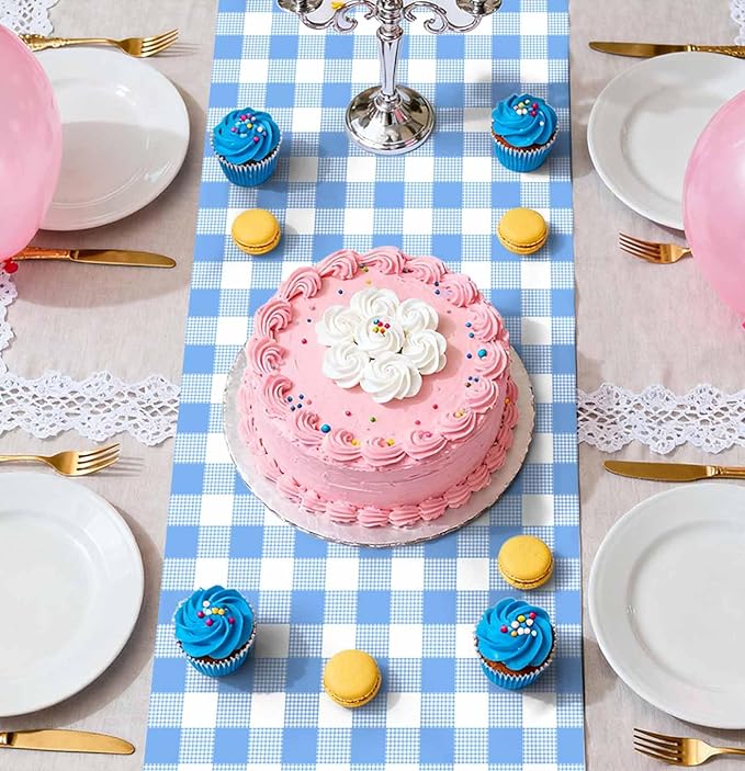 3 Pcs Light Blue and White Checkered Table Runner Plastic 14 x 108 Disposable - Image 6