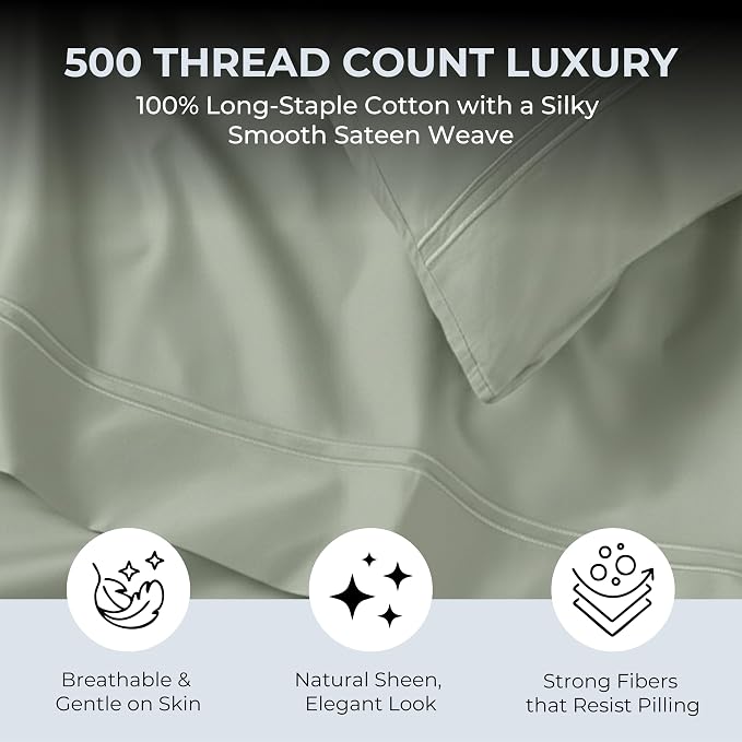 100% Natural Cotton Bed Sheets | 500 TC Single-Ply Sateen Weave Full Size - Image 2