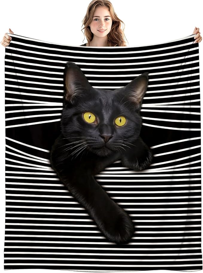 Funny Black Cat Blanket, Funny Cats Black and White Striped Throw Blankets by Unknown