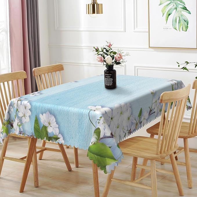54x70inches Blue Wooden Rectangle Tablecloth Cherry Blossom Flowers Border by TTQYFNM