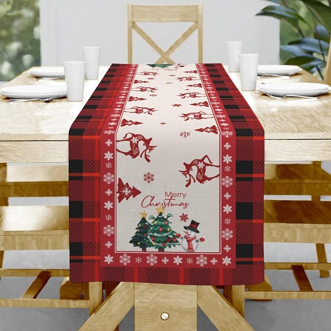 Merry Christmas Table Runner, Snowman Deer Elk Christmas Tree Table Runners by Hliyty