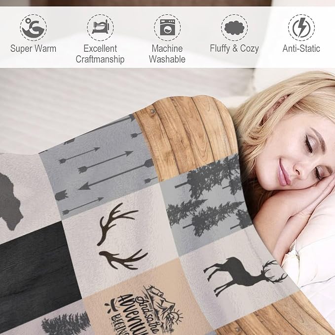 Rustic Cabin Throw Blanket, Retro Camping Bear Deer Farmhouse Wildlife Tree - Image 4