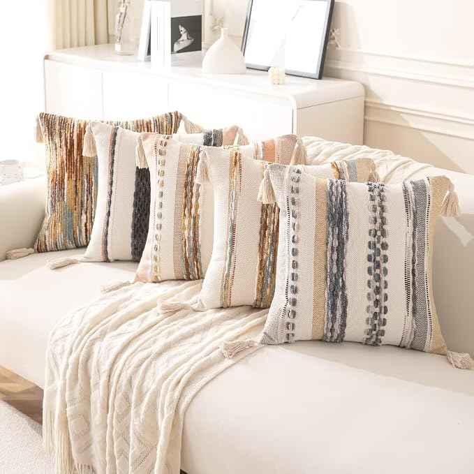 Boho Throw Pillow Covers 18x18 Set of 2 Woven Tufted Farmhouse Pillows Cover - Image 6