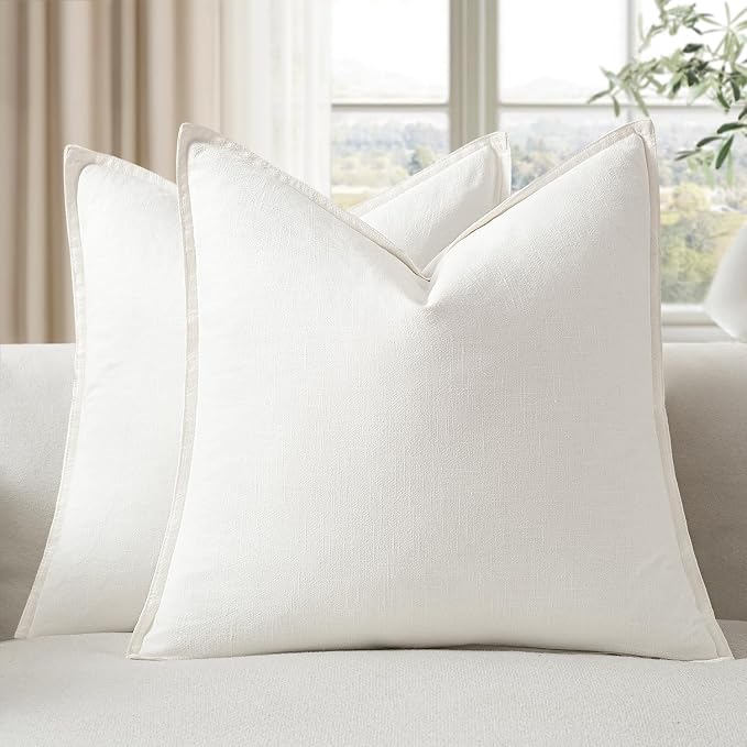 EMEMA Decorative Linen Throw Pillow Covers 18x18 Inch Cream Boho Farmhouse by EMEMA