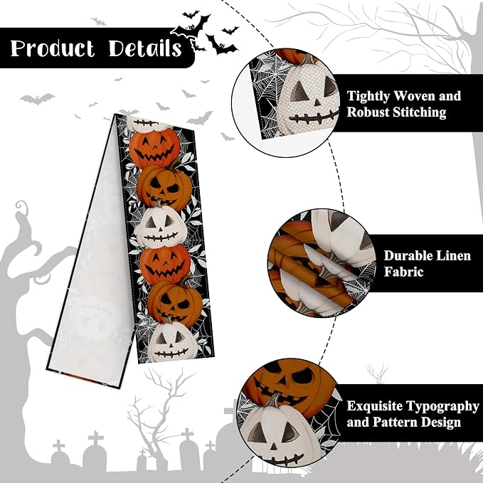 Happy Halloween Table Runner Pumpkin Black Spider Web Fall Kitchen Dining Table - Image 7