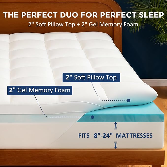 Queen Size Dual Layer 4 Inch Memory Foam Mattress Topper, 2 Inch Cooling Gel - Image 2