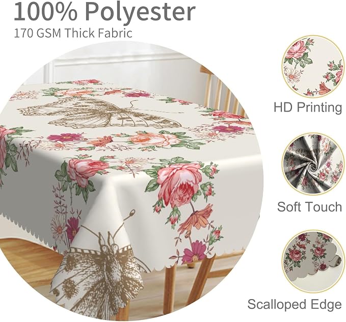 70x90inches Floral Rectangle Tablecloth Red Rose Flower Butterfly Printed - Image 3