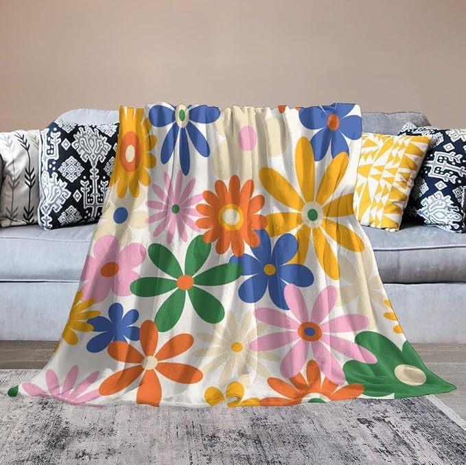 70s Retro Flower Throw Blanket, 60s Vintage Groovy Daisy Flowers Boho Hippie - Image 6