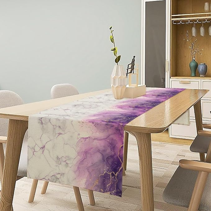 Abstract Marble Dining Table Runner, Modern Purple Golden Watercolor Table - Image 3