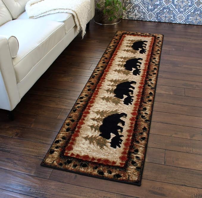 Masada Rugs, Cabin Lodge Area Rug Bear and Cub Scene Runner - Image 9