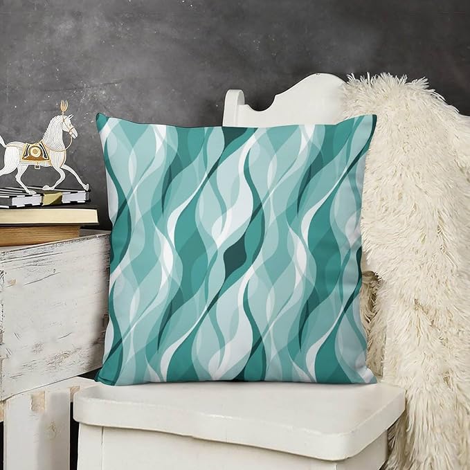 Teal Throw Pillow Covers Abstract Turquoise and Grey Striped Decorations - Image 3
