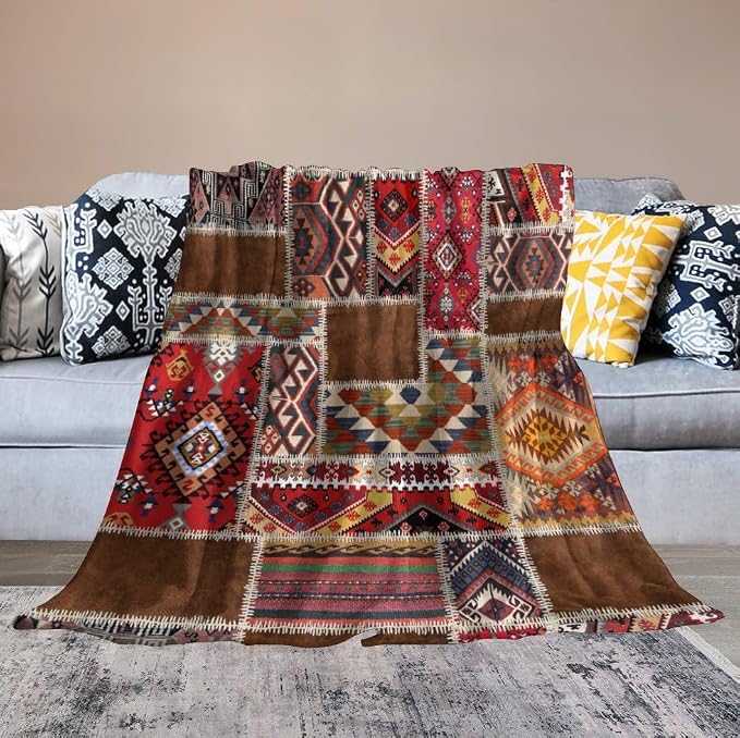 Southwest Aztec Throw Blanket, Native Bohemian Retro Patchwork Traditional - Image 6