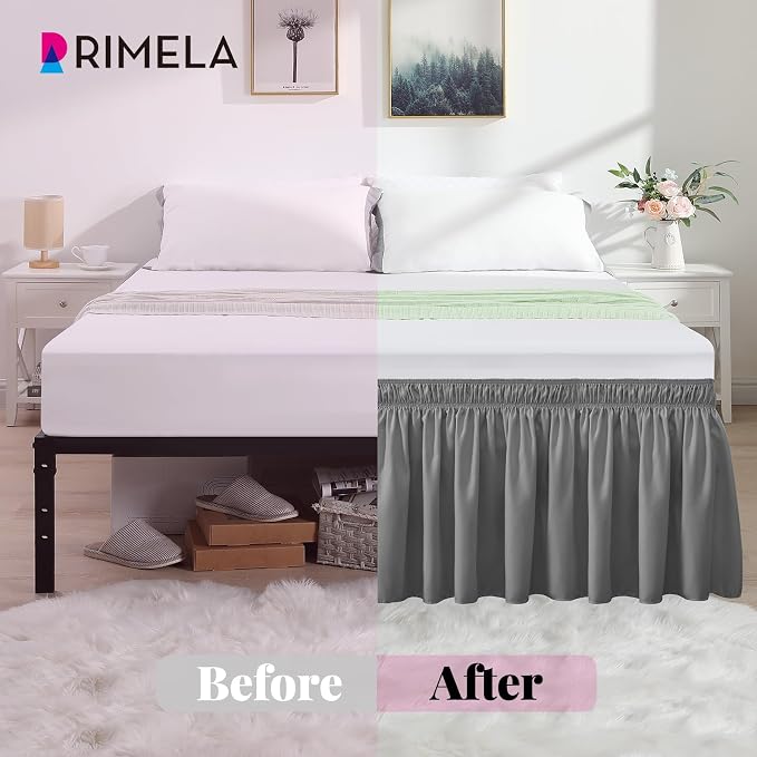 RIMELA Gray Queen Bed Skirt 12 Inch Drop, Elastic Bed Skirts Queen Size Dust - Image 3