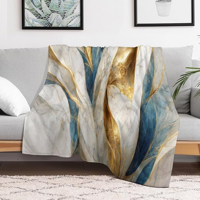 Abstract Marble Blanket, Modern Luxury Baroque Golden Blue White Stone Veins - Image 5