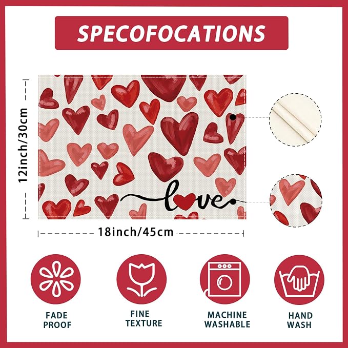 XCHI Watercolor Red Love Hearts Valentine’s Day Placemats Set of 4 Table Mats - Image 5