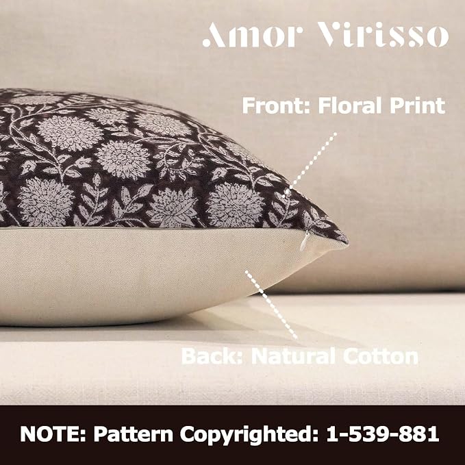Amor Virisso Floral Throw Pillow Covers 20x20 Block Print Pillow Covers Vintage - Image 2