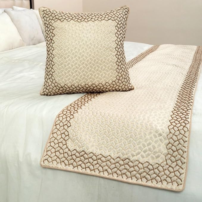 The HomeCentric King/Queen/Twin Ivory & Gold Designer CA King 86"x18" Bed - Image 4