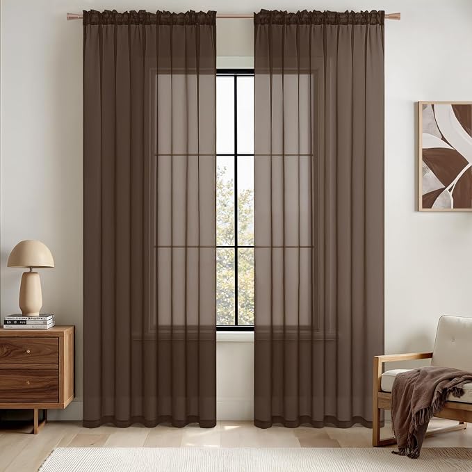 MIULEE Chocolate Brown Sheer Curtains 63 Inches Long 2 Panels, Light Filtering by MIULEE