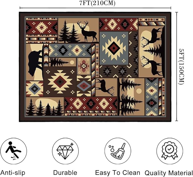 Rustic Rug for Living Room, Cabin Wildlife Area Rug 5x7, Buffalo Plaid Bear - Image 2