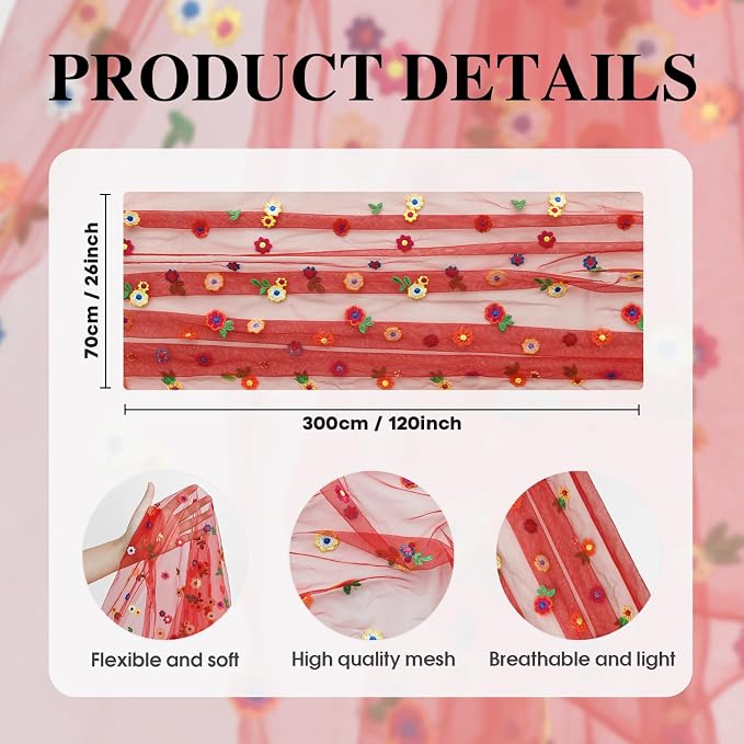 Artoid Mode 3PCS Red Embroidery Daisy Gauze Table Runner 120 Inch 10FT - Image 7