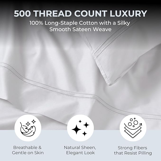 100% Natural Cotton Bed Sheets | 500 TC Single-Ply Sateen Weave Twin XL Sheets - Image 2