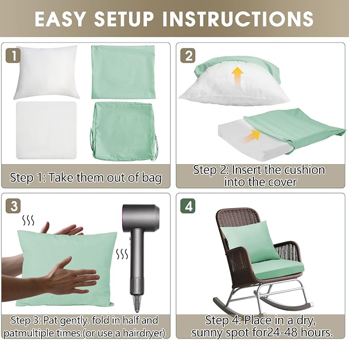 Outdoor Seat Cushion Set 24 x 24 In, Water-Resistant & Fade-Resistan, Patio - Image 7
