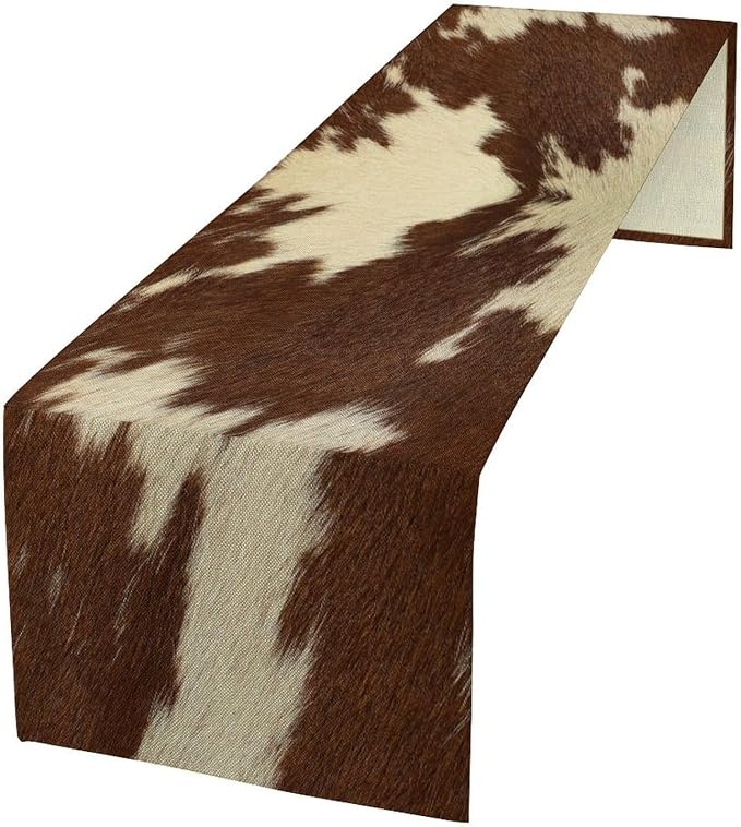 Cow Print Table Runner Retro Brown White Cow Fur Animal Fur Skin Farmhouse by ShiTingYu