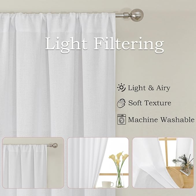 Simplebrand White Faux Linen Textured Curtains 63 Inch Length 2 Panels - Image 9
