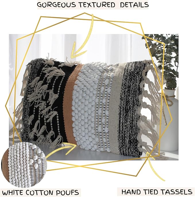 Decorative Boho-Chic Premium Pillow Cover 12x20 Handwoven Tufted Cotton Lumbar - Image 2