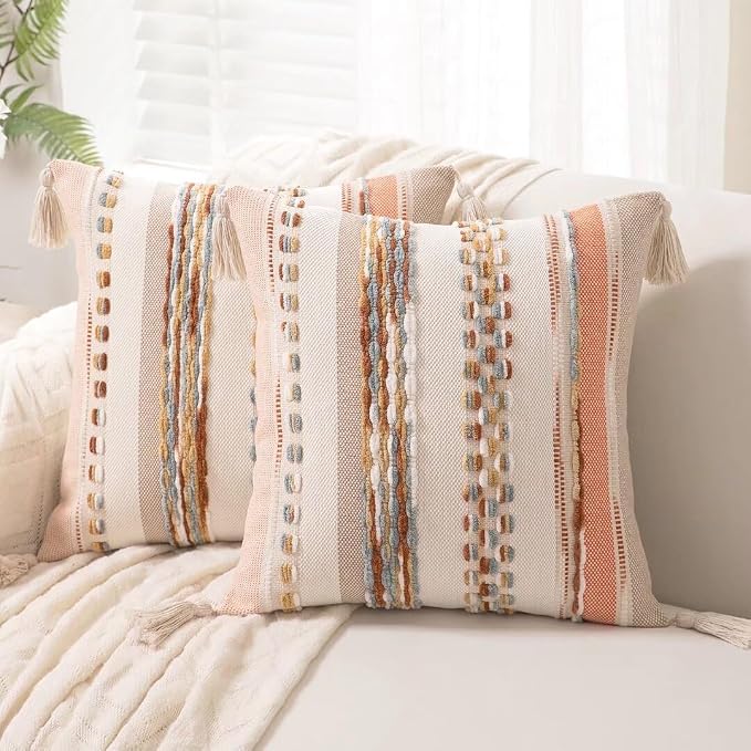 Boho Throw Pillow Covers 18x18 Set of 2 Woven Tufted Farmhouse Pillows Cover by Unknown