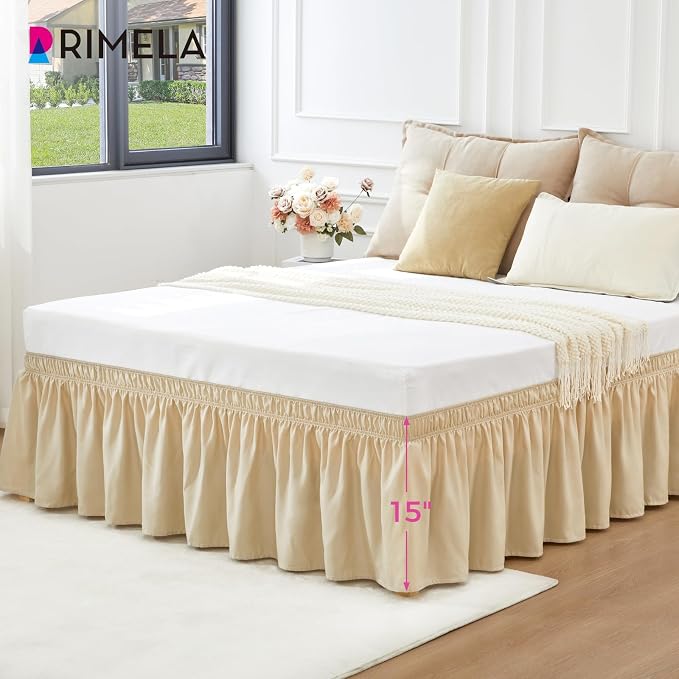RIMELA Oatmeal Bed Skirt King Size 15 Inch Drop, Elastic Bed Skirting - Image 4