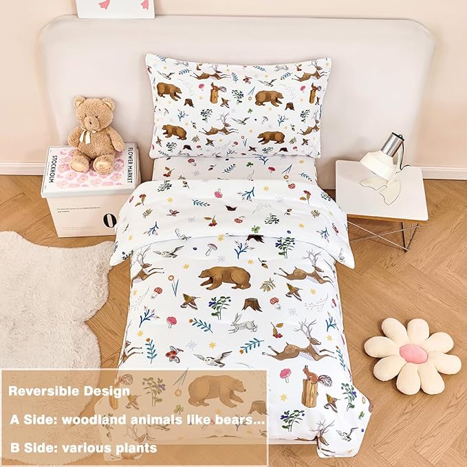 PERFEMET 4-Piece Toddler Bedding Set-Reversible Woodland Animal Toddler Bed Sets - Image 3