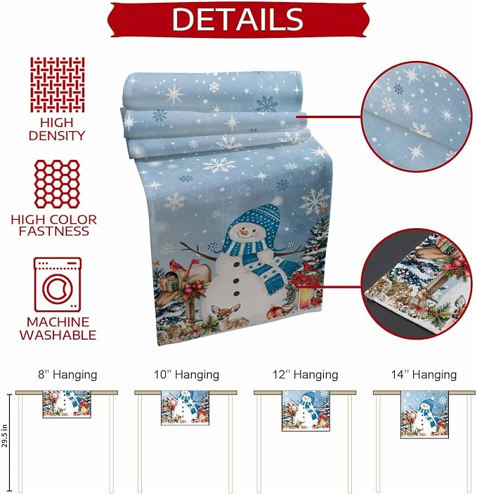 Blue Snowman Christmas Table Runner, 13x72 Inch, Xmas Tree Table Runners Elk - Image 5