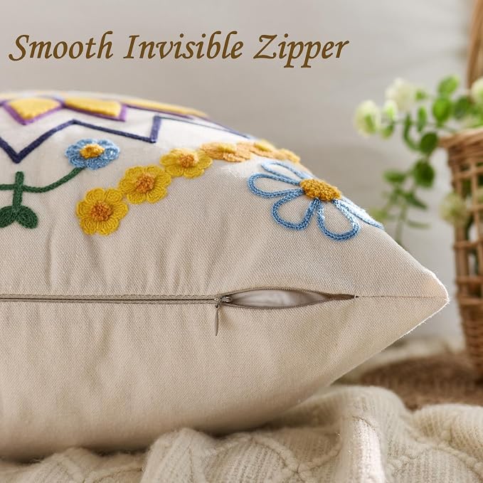 Embroidered Throw Pillow Cover 20x20 Classic Boho Floral Pattern Pillows Cover - Image 3