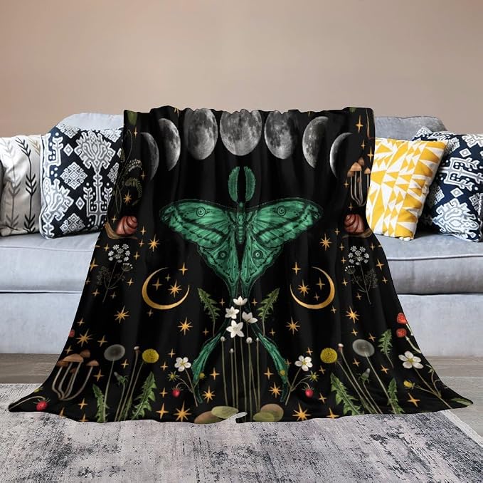 Moon Phase Moth Blanket, Vintage Botanical Mushroom Wildflower Gothic Night - Image 6