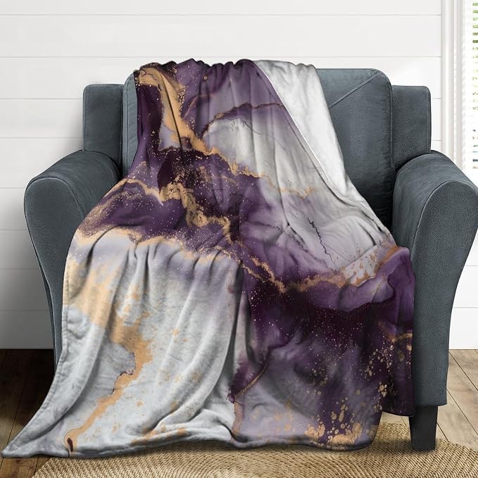 Modern Marble Blanket, Abstract Luxury Baroque Golden Purple White Stone Veins - Image 3