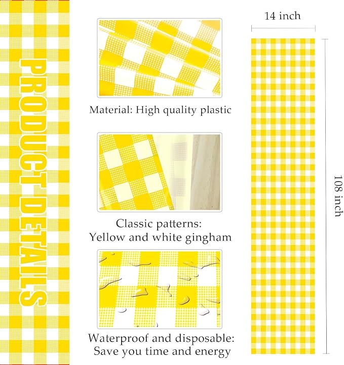 6 Pcs Yellow and White Checkered Table Runner Plastic 14 x 108 Disposable - Image 2