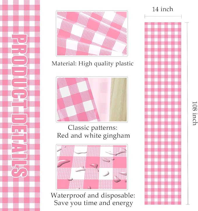 12 Pcs Hot Pink and White Checkered Table Runner Plastic 14 x 108 Disposable - Image 2