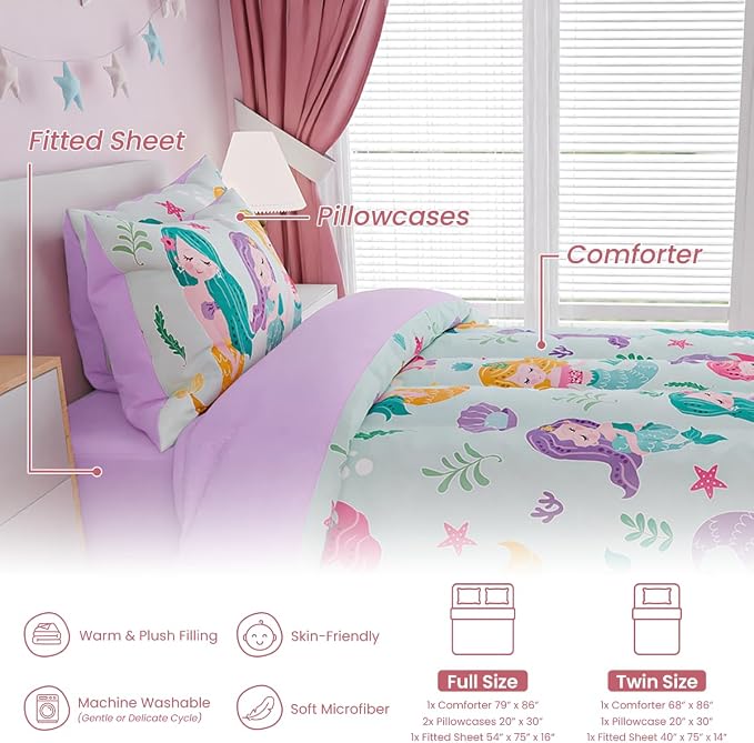 SANDJEST Mermaid Bedding Full for Girls, Ultra Soft Microfiber Comforter Set - Image 6