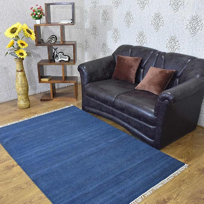 Rugsotic Carpets Hand Woven Flat Weave Kilim Wool 4'x6' Area Rug Solid Blue by GetMyRugsLLC