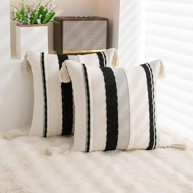 Boho Throw Pillow Covers 18x18 Set of 2 Woven Tufted Farmhouse Pillows Cover - Image 4