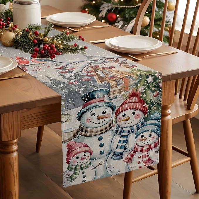 Christmas Table Runner, 13x72 Inch, Snowman Family Table Runners Pine Tree Snow - Image 2