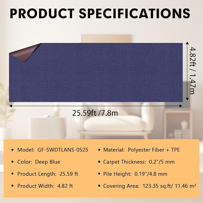 Marine Carpet, 5 FT x 25 FT Deep Blue Indoor Outdoor Carpet 0.2" Thick Boat - Image 2