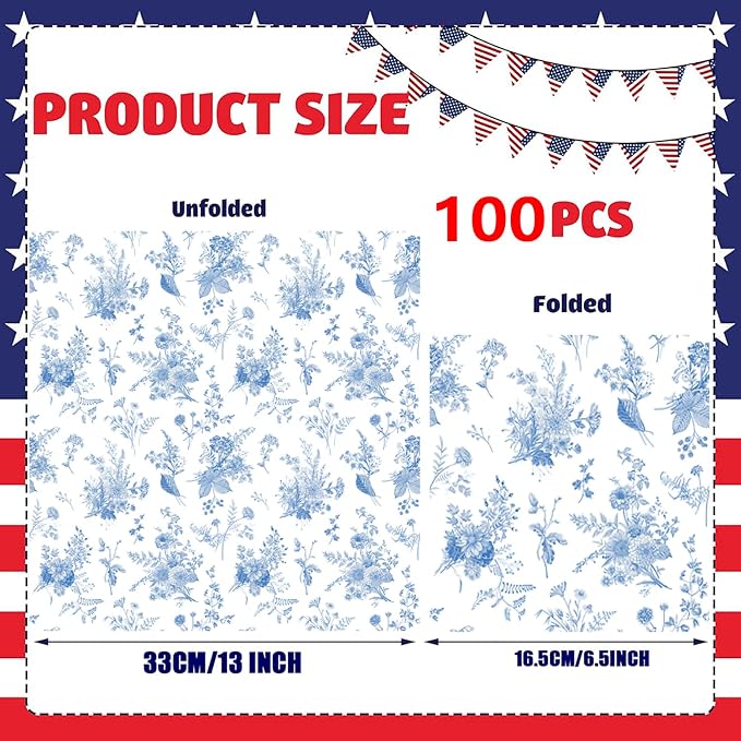100 Pack Blue Floral Cocktail Napkins Blue and White Floral Toile Paper Napkins - Image 3