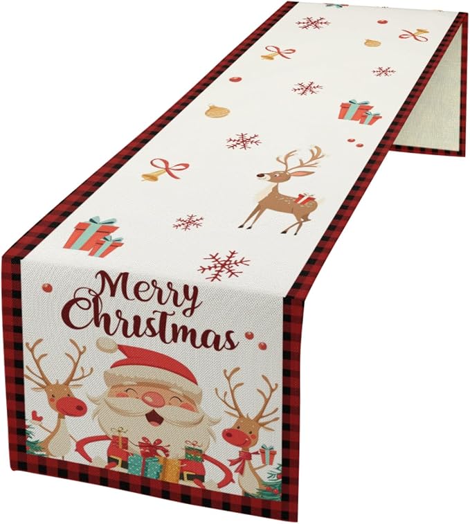 Merry Christmas Table Runner, Santa Claus Elk Snowflake Linen Table Runner by Hliyty