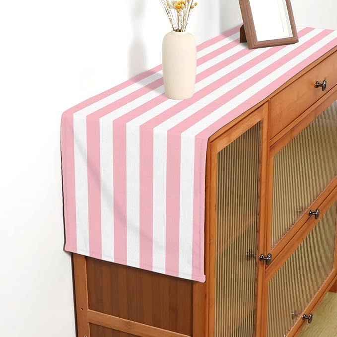 Pink and White Vertical Striped Table Runner Light Pink Birthday Party - Image 6