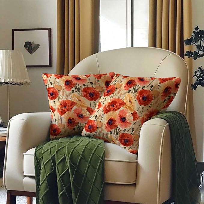 Floral Throw Pillow Covers Set of 2 | Poppy Flower Print Decorative Cushion - Image 3