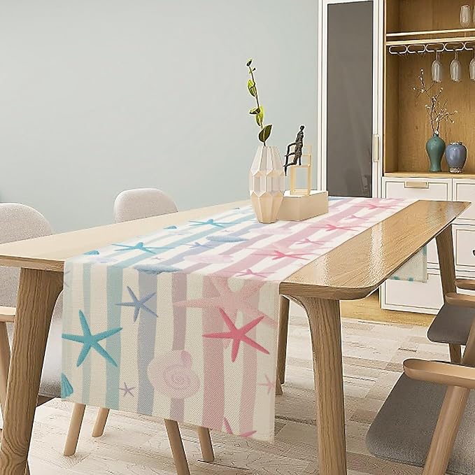 Coastal Starfish Kitchen Table Runner, Colorful Watercolor Blue and Pink Stripe - Image 7